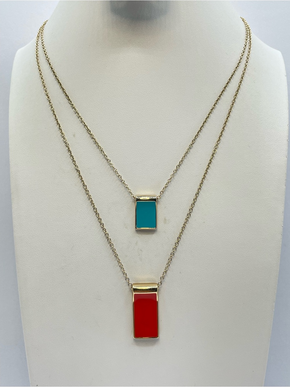 Premier Designs Gold Tone Blue Red Layered Pendant Necklace Boho Statement